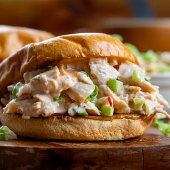 Close up of a Bang Bang Chicken Salad sandwich.
