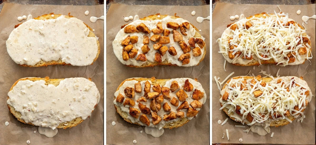 This Chicken Alfredo Garlic Bread combines toasted garlic bread with creamy Alfredo sauce and seasoned chicken for an easy, crowd-pleasing meal or appetizer. It’s simple to make, incredibly filling, and always the first thing gone! Steps for making Chicken Alfredo Garlic Bread.