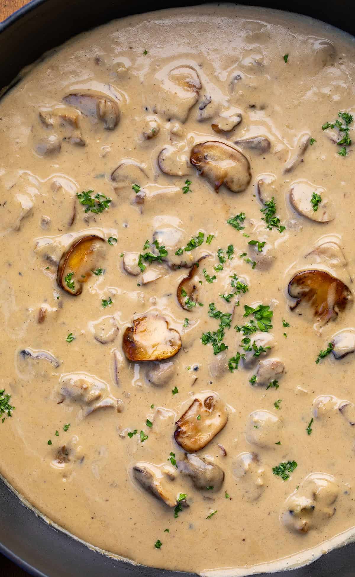 This Mushroom Shallot Gravy is easy, flavorful, and perfect for drizzling over roasted meats, mashed potatoes, or biscuits! Mushroom Shallot Gravy in the pan.