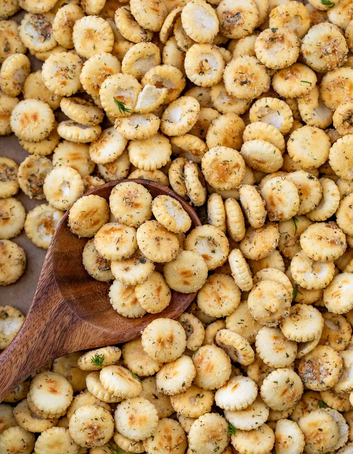 Ranch Oyster Crackers are a simple, savory snack made with pantry staples and baked low and slow for the perfect crunch! Coated in ranch seasoning, garlic, onion, and a hint of dill, these crackers turn golden and crisp as they cool.