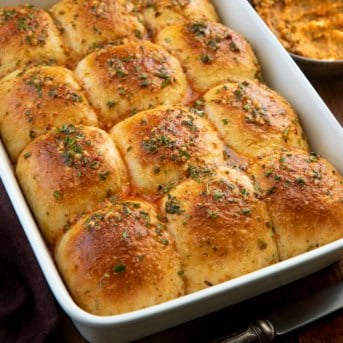 Close up of a pan of Cowboy Butter Dinner Rolls.
