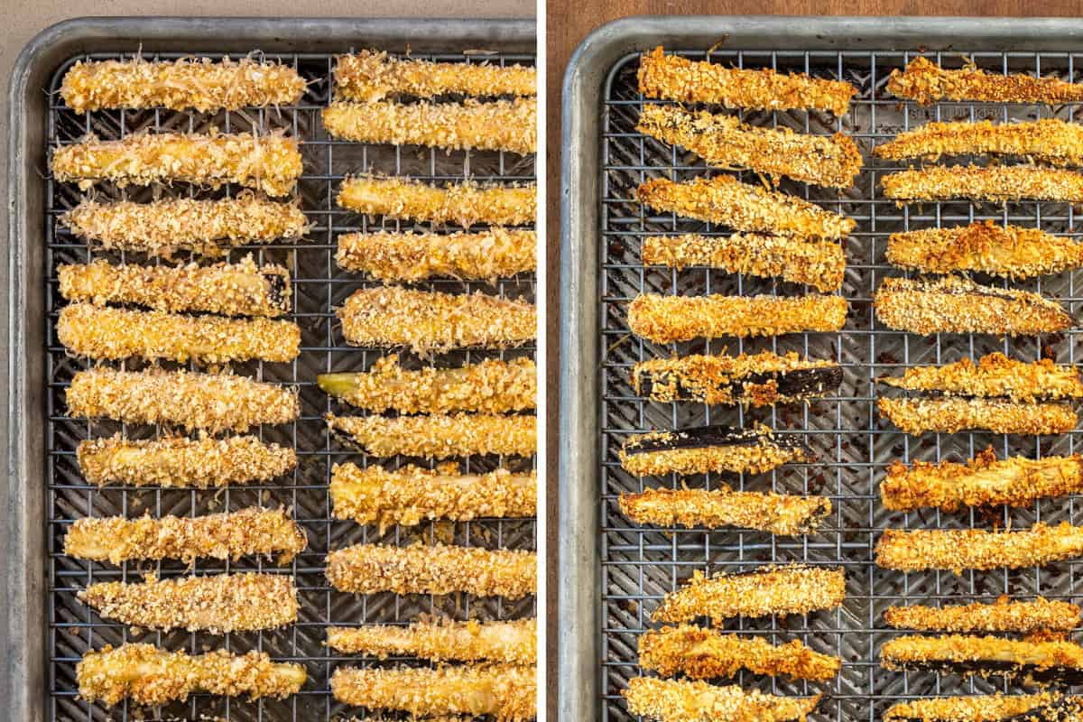 Crispy, golden, and totally snack-worthy, these Eggplant Fries are about to change how you feel about eggplant! Seriously, you have to give them a try. They’re coated in a crunchy Parmesan-panko crust, baked (or air-fried!), and served with a smoky chipotle aioli that’s perfect for dipping! Coated Eggplant Fries before being baked and after.