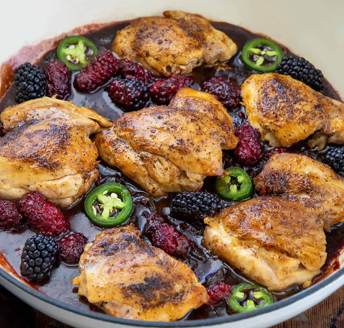 Pan of Jalapeño Blackberry Chicken close up.