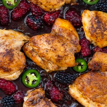 Close up of Jalapeño Blackberry Chicken in the pan.