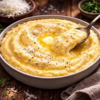 Bowl of Creamy Polenta on a wooden table.