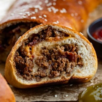 Slice of Garbage Bread cut from loaf very close up.