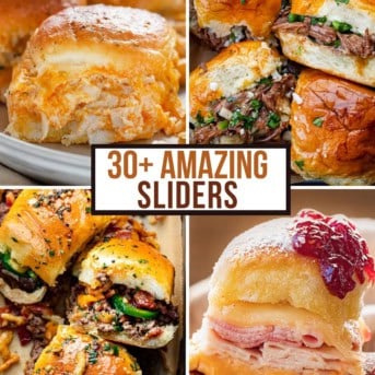 Four images of sliders for a Best Slider Recipes {Easy + Delicious Party Sliders} collage, with Buffalo Chicken Sliders, Birria Sliders, Cowboy Sliders, Monte Cristo Sliders.