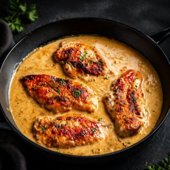 Skillet of Easy Chicken and Gravy on a black table.