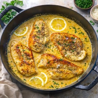 Skillet of Garlic Chicken Breasts.