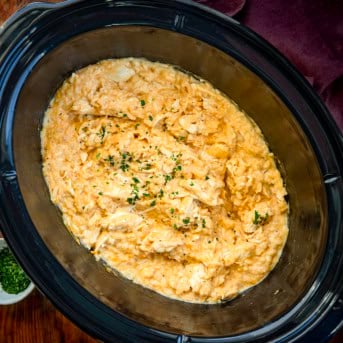 Looking down on a Slow Cooker Chicken and Rice on a wooden table.