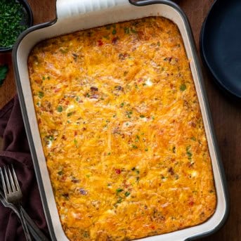 Pan of Western Omelette Breakfast Bake on a wooden table from overhead.