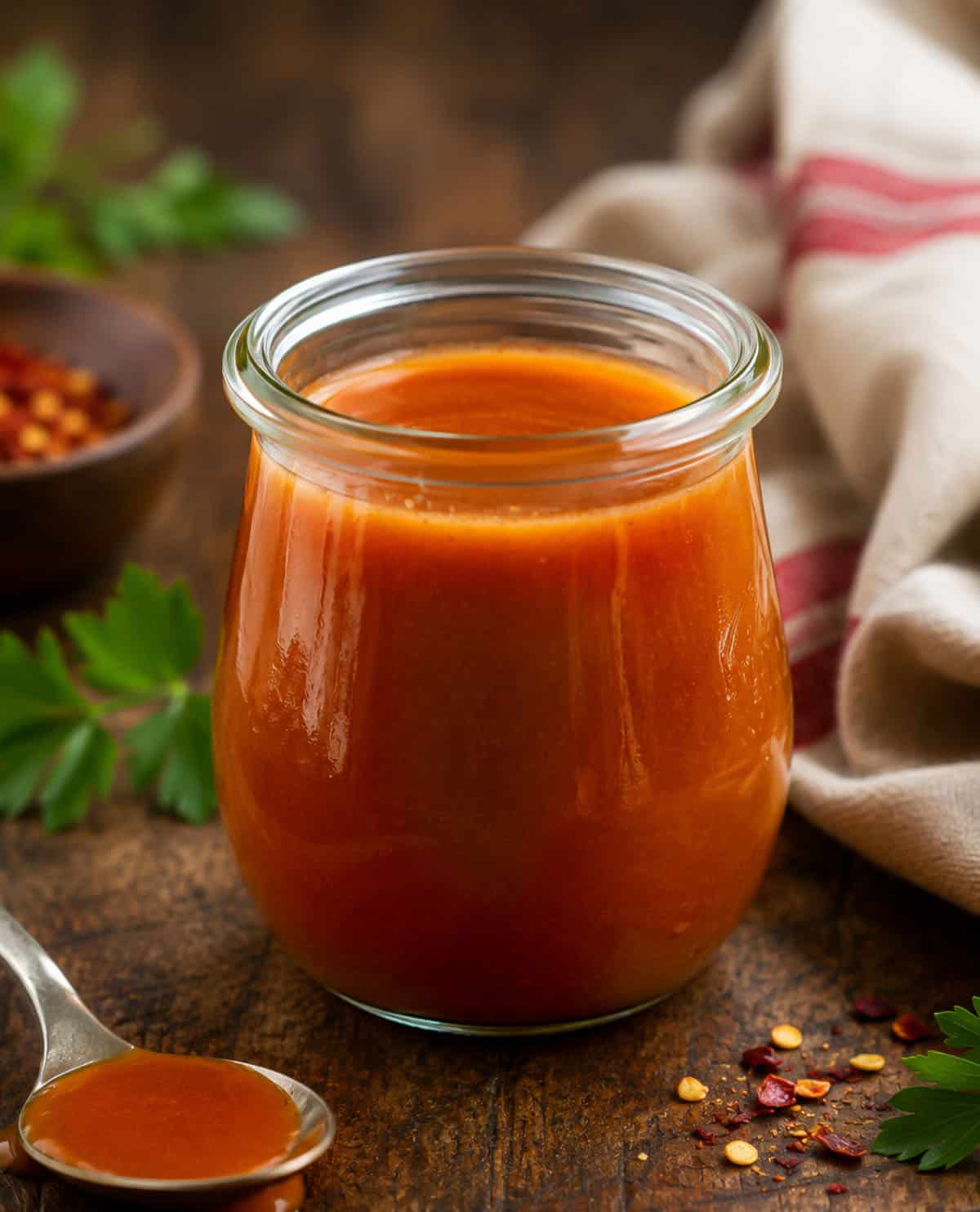This Buffalo Sauce is rich, buttery, and packed with bold, tangy heat. It comes together in just minutes on the stovetop for a smooth, glossy sauce that clings perfectly to wings, chicken, and more. It’s quick, easy, and so much better than anything store-bought! Jar of Buffalo Sauce on a wooden table.