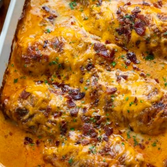 Close up of Cheesy Ranch Chicken Casserole in a pan.