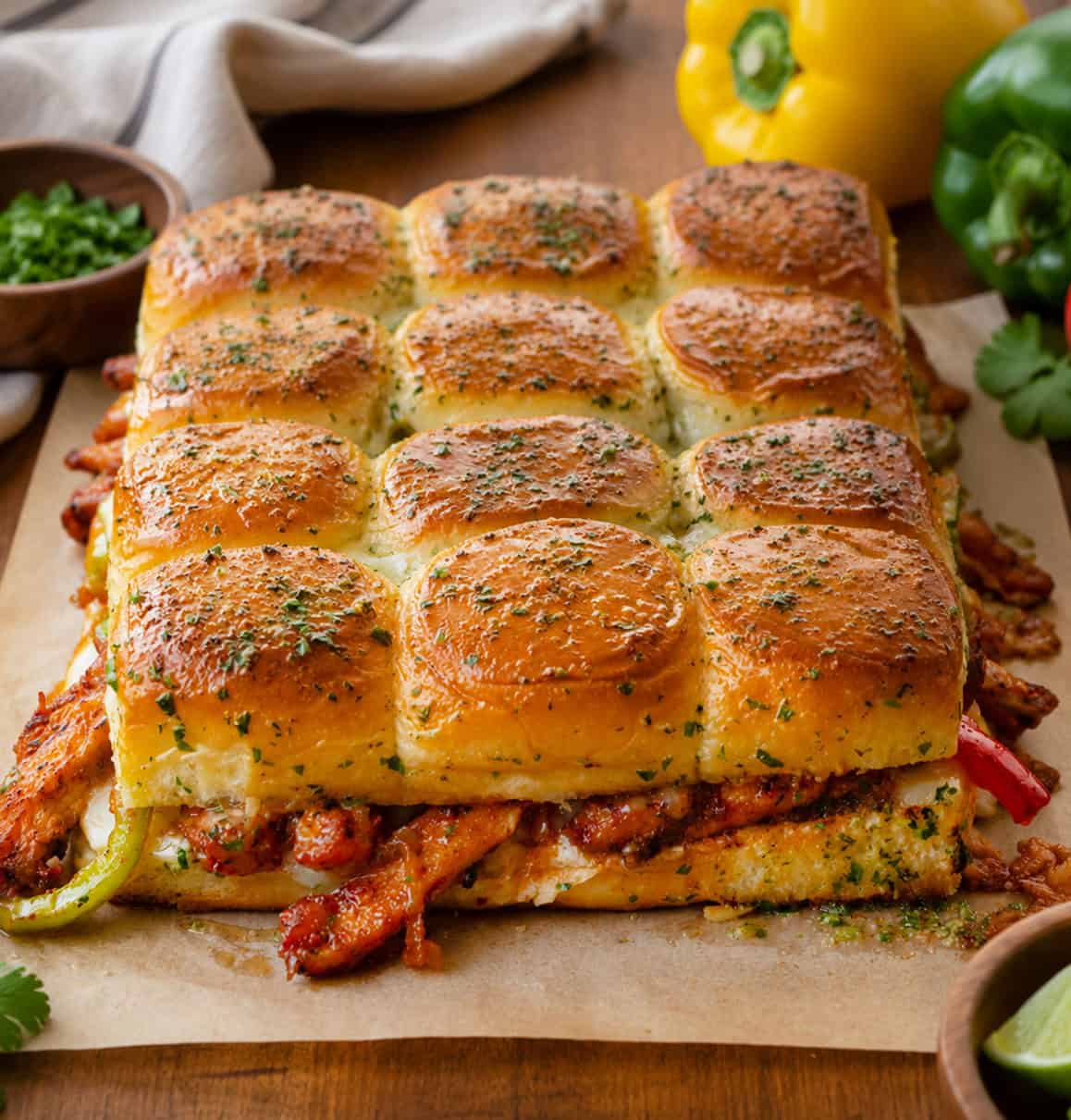 These chicken fajita sliders are loaded with juicy seasoned chicken, sautéed peppers and onions, melty cheese, and buttery Hawaiian rolls baked until golden brown. Chicken Fajita Sliders on a wooden table with limes and bell peppers.