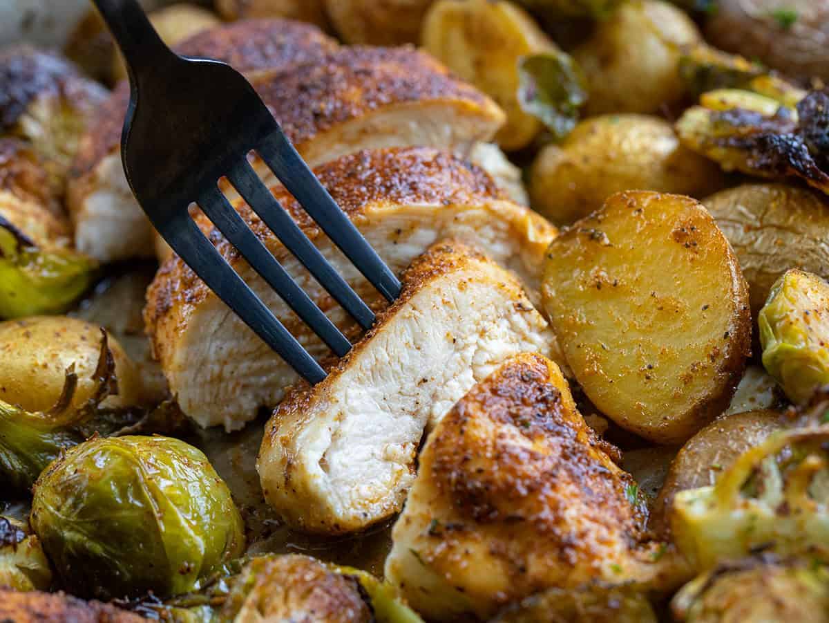 Fork picking up a sliced piece of Blackened Chicken and Brussels Sprouts Fork picking up a sliced piece of Blackened Chicken and Brussels Sprouts.