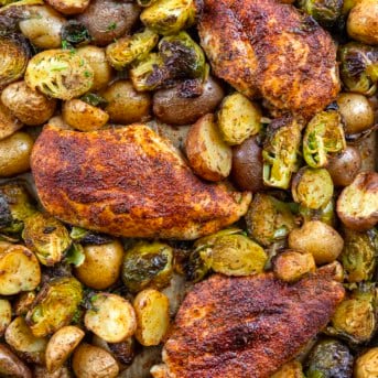 Close up of Blackened Chicken and Brussels Sprouts.