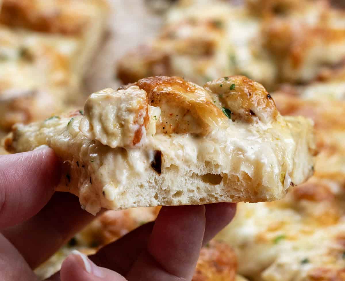 Hand holding half eaten Chicken Alfredo Pizza showing crust and toppings.