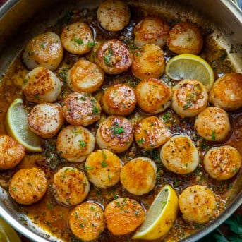Skillet of Cowboy Butter Scallops close up.