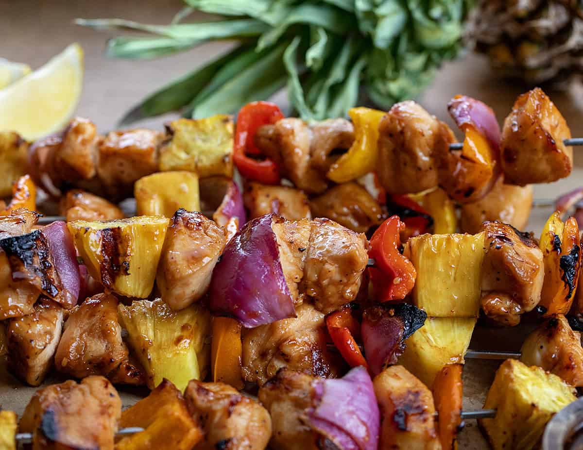 Close up of Hawaiian Chicken Skewers Close up of Hawaiian Chicken Skewers.