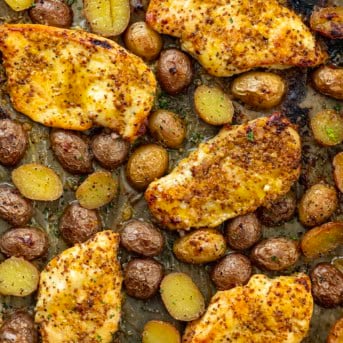 Looking down on a pan of Honey Mustard Chicken.