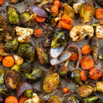 Close up of Sheet Pan Roasted Vegetables.