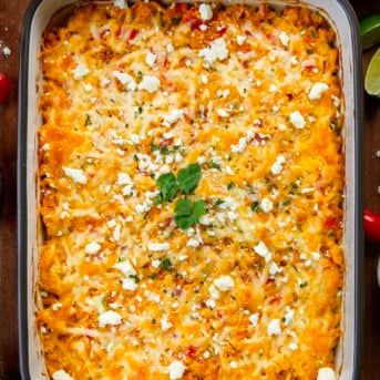 Close up of Street Corn Chicken Casserole on a wooden table.