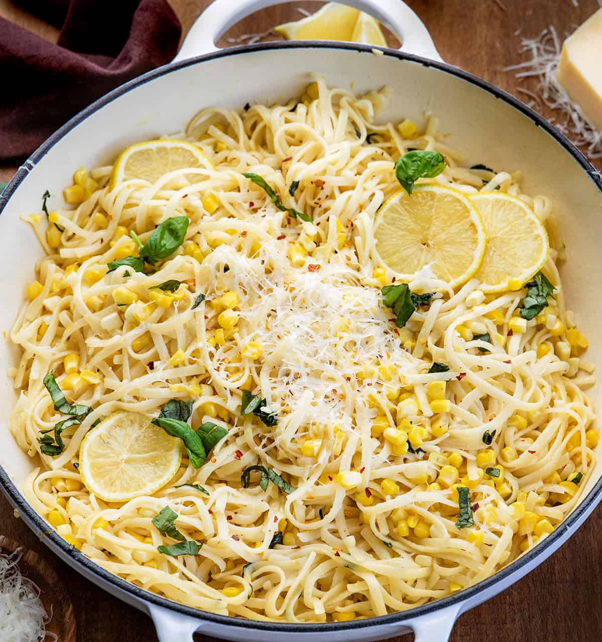 Skillet of Summer Lemon Corn Pasta close up only looking into the skillet Skillet of Summer Lemon Corn Pasta close up only looking into the skillet.