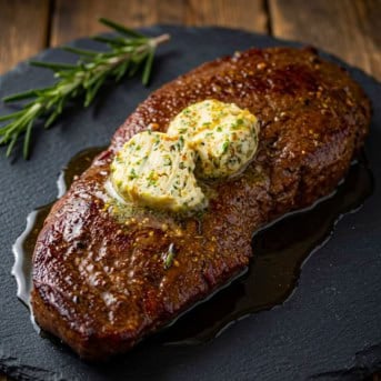 Grilled steak with cowboy butter melting on top on a grilling stone on a wooden table.