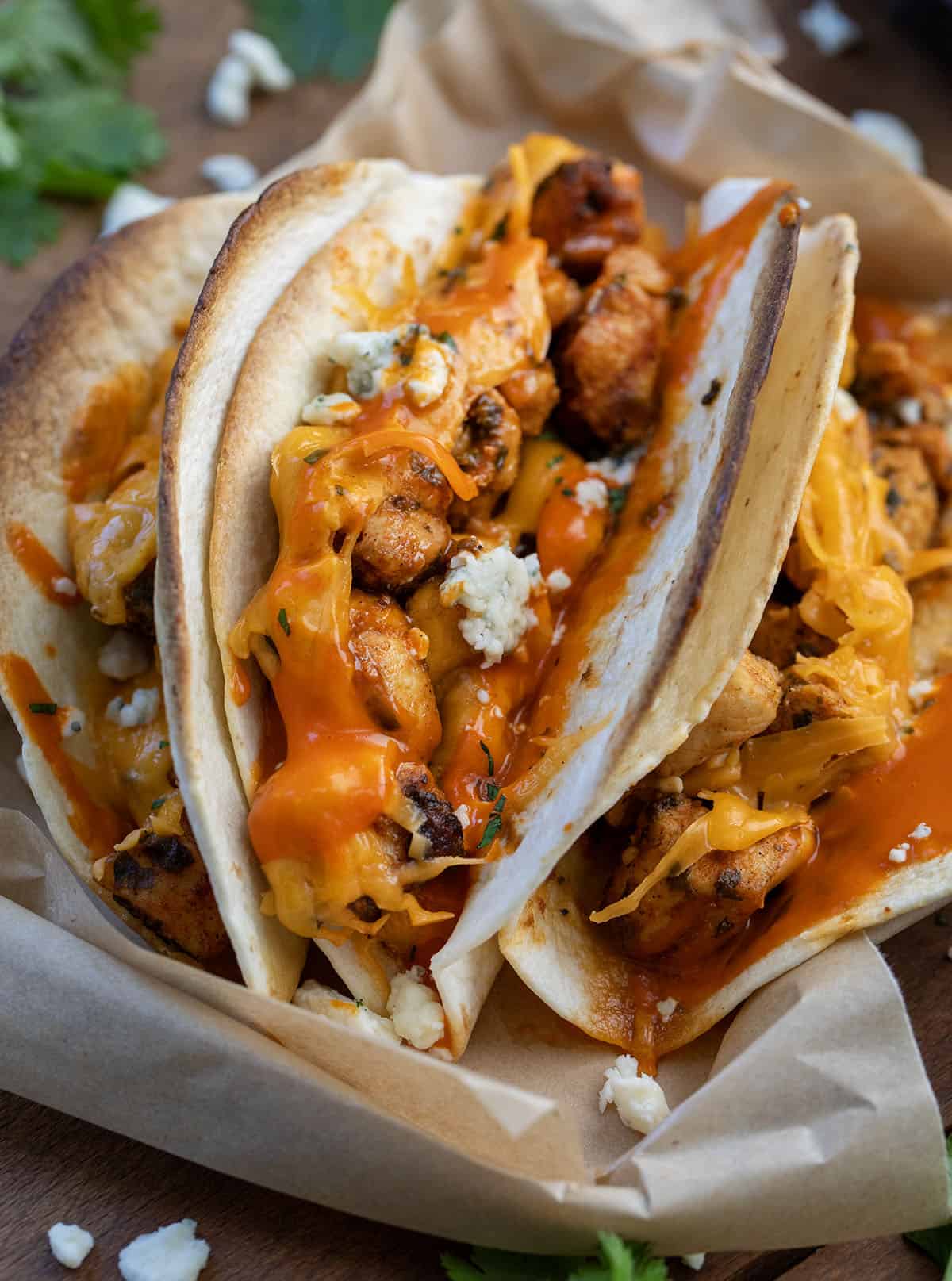 Close up of Baked Buffalo Chicken Tacos Close up of Baked Buffalo Chicken Tacos.