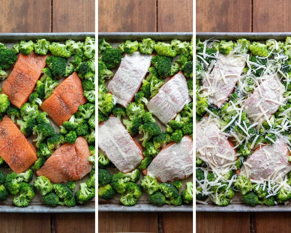 Process for how to make One Pan Baked Caesar Salmon with coating the salmon with ceasar dressing and cheese Process for how to make One Pan Baked Caesar Salmon with coating the salmon with ceasar dressing and cheese.