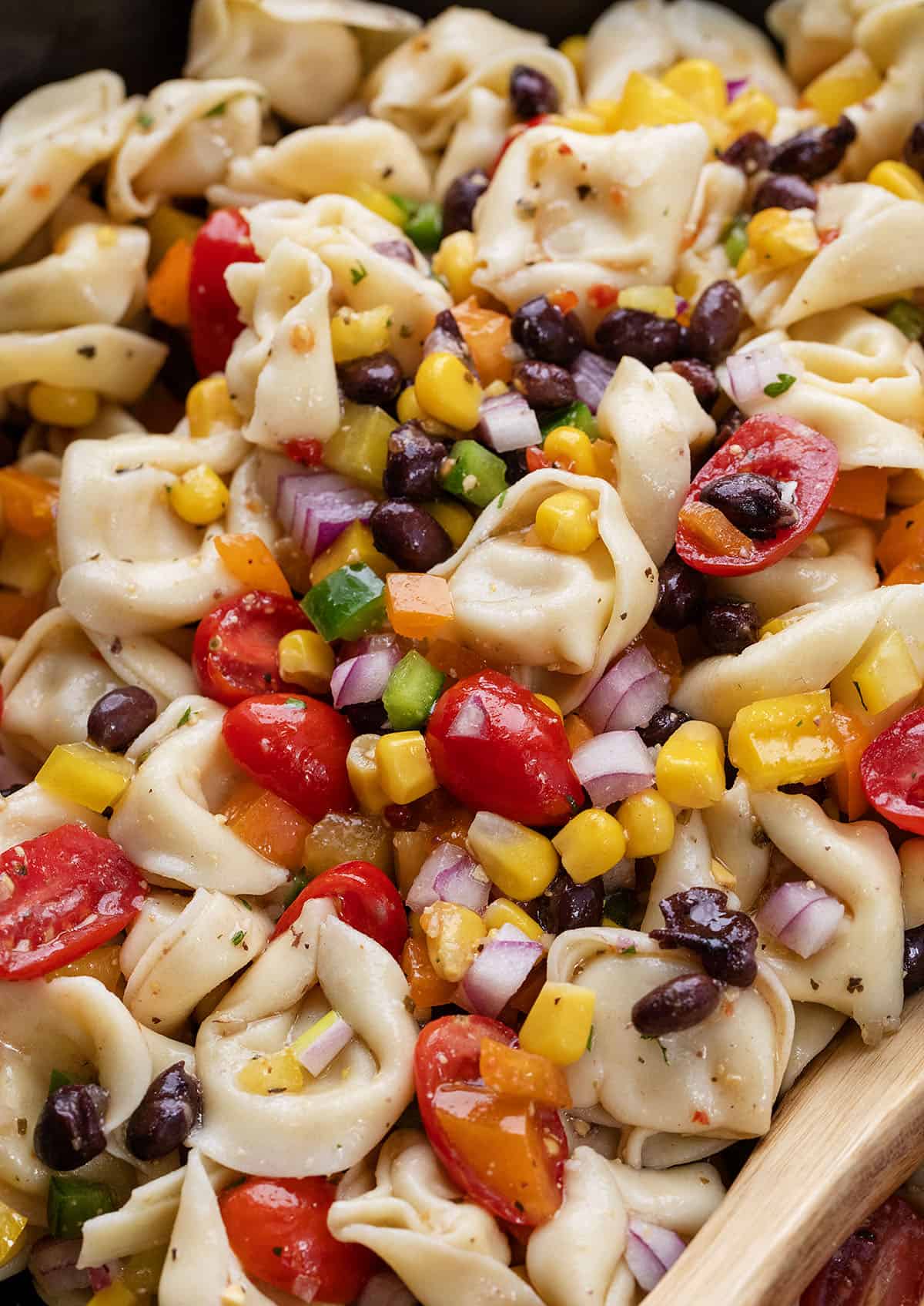 Close up of Cowboy Caviar Tortellini Salad Close up of Cowboy Caviar Tortellini Salad.