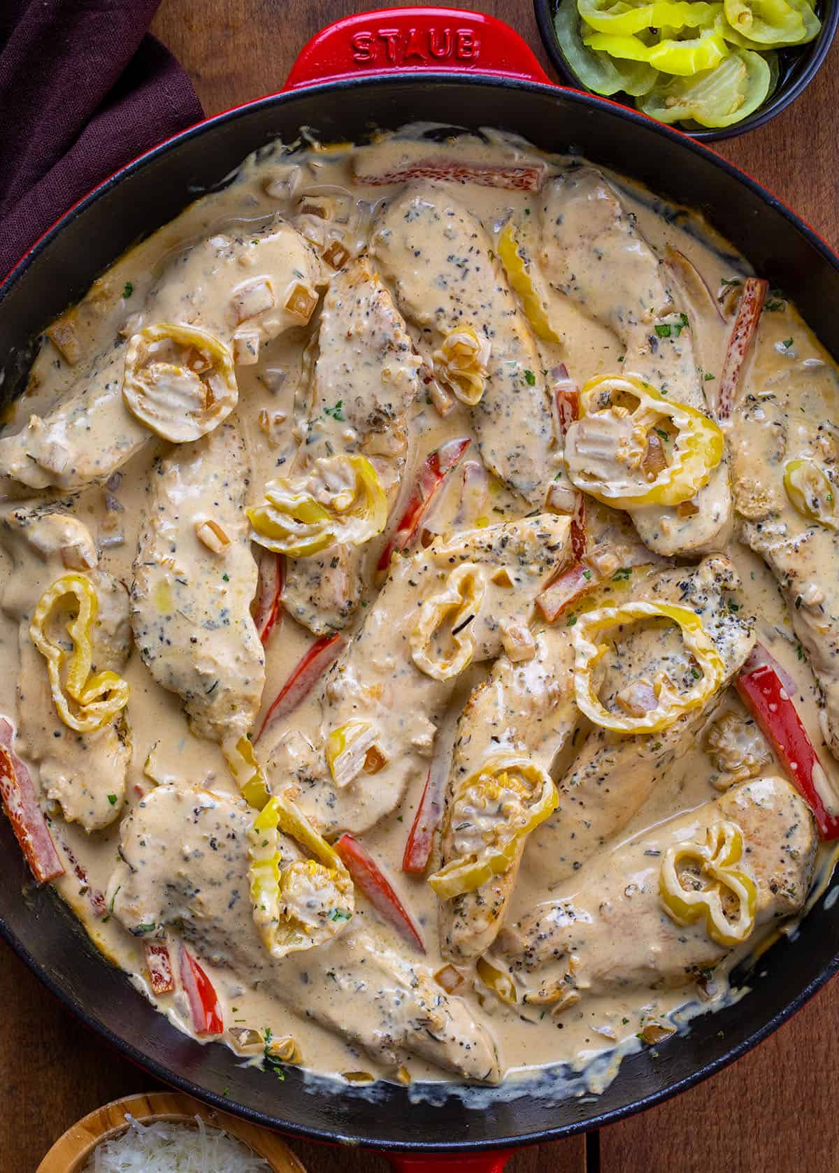 Creamy Pepperoncini Chicken Skillet in a skillet close up Creamy Pepperoncini Chicken Skillet in a skillet close up.