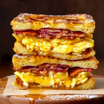 French Toast Breakfast Sandwich halved with the cut edge exposed.