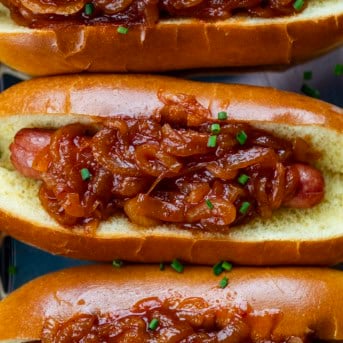 Very close up of Hot Dog Onion Sauce on hot dogs.