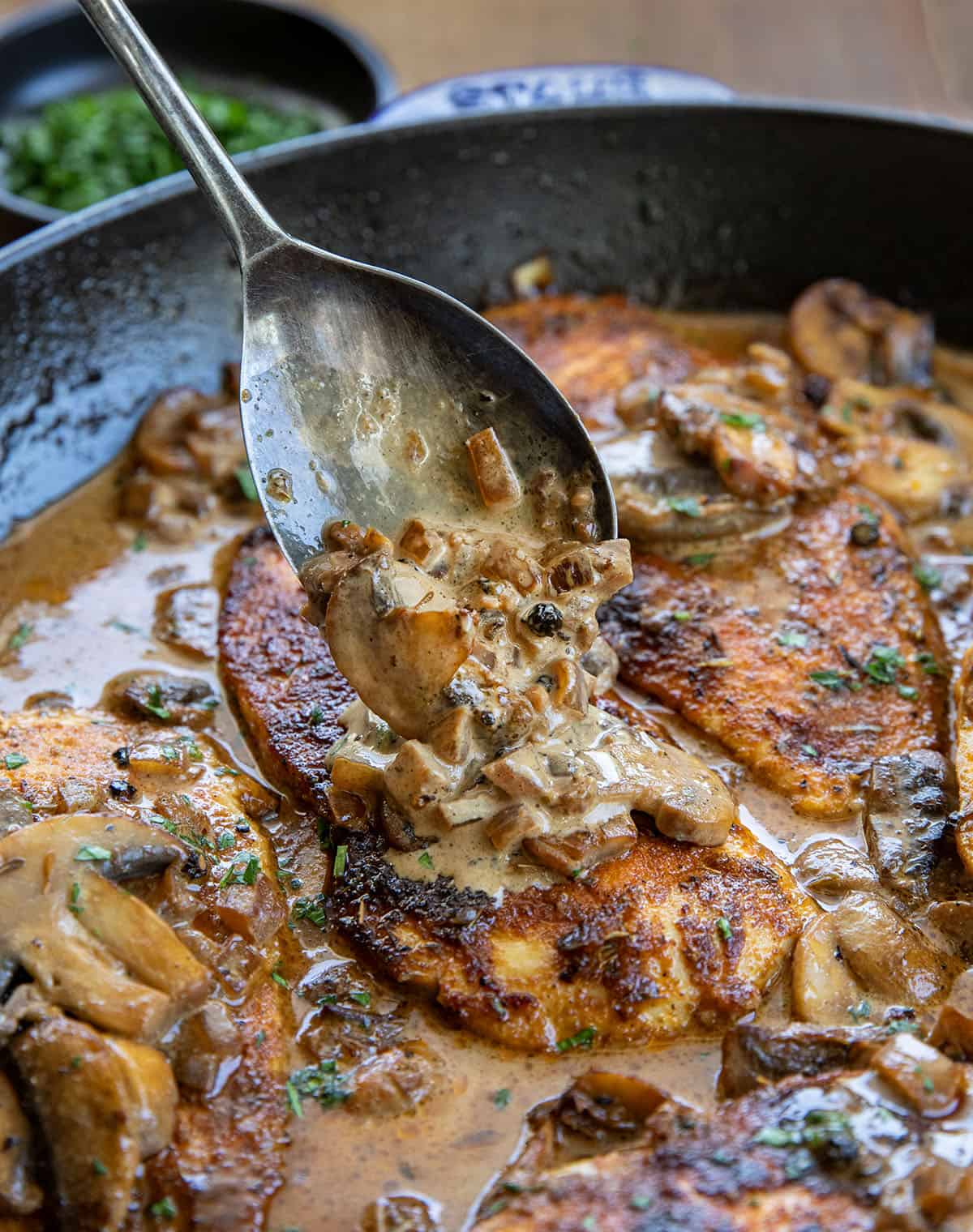 Drizzling mushroom peppercorn glaze over Mushroom Peppercorn Chicken Drizzling mushroom peppercorn glaze over Mushroom Peppercorn Chicken.