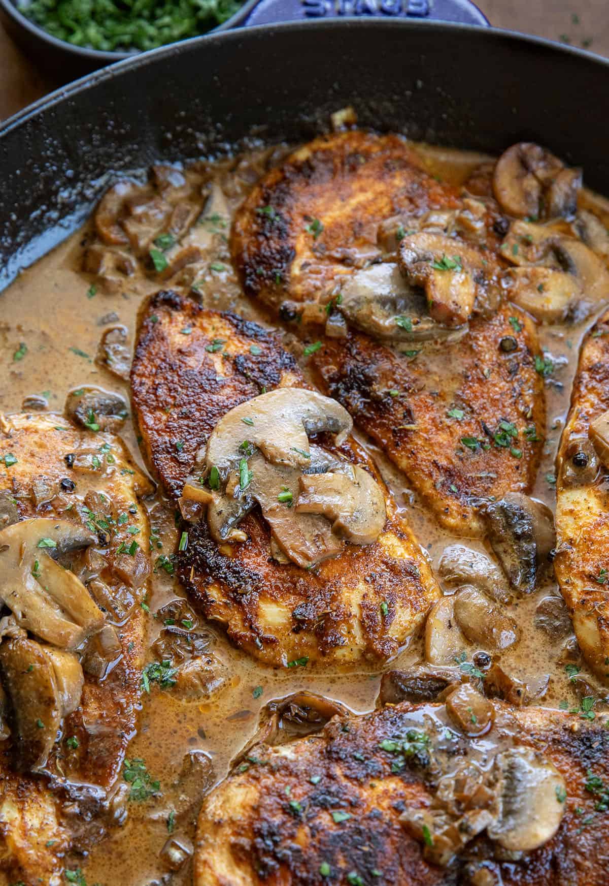 Close up of Mushroom Peppercorn Chicken in a skillet Close up of Mushroom Peppercorn Chicken in a skillet.