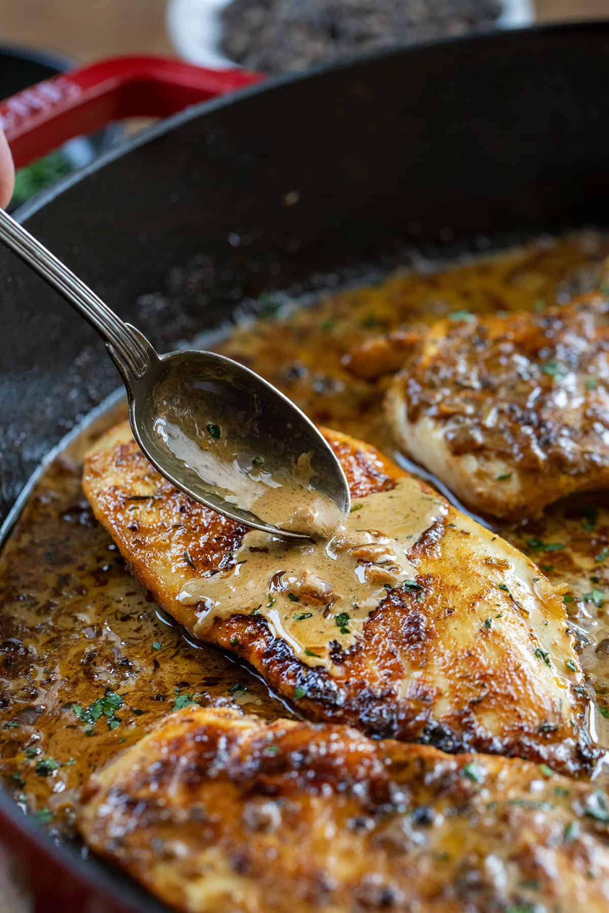 Spooning sauce over a piece of Peppercorn Chicken Spooning sauce over a piece of Peppercorn Chicken.