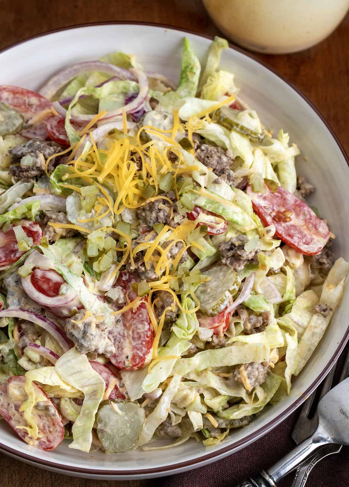 Close up of Cheeseburger Salad in a bowl.