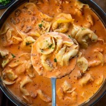 Ladle full of Cheesy Hamburger Tortellini Soup being held above the pot.