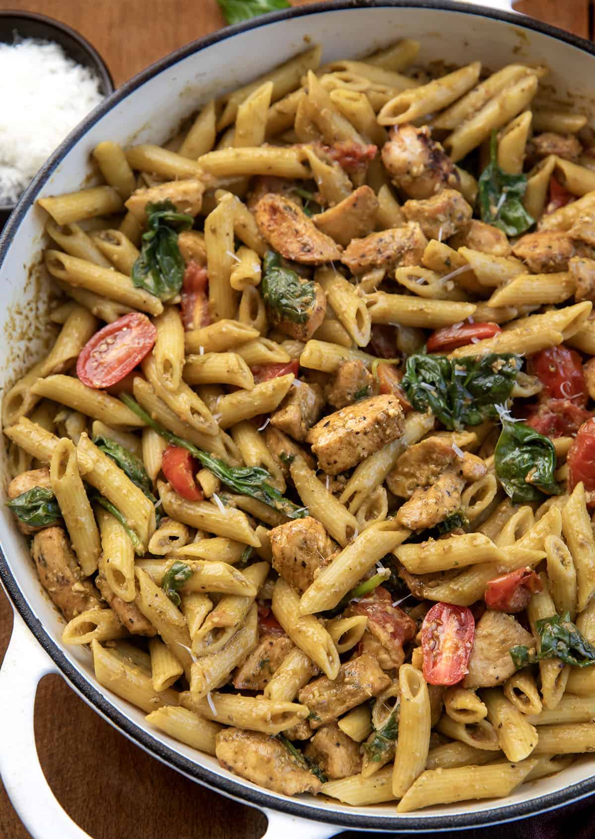 Close up of Chicken Pesto Pasta in the skillet Close up of Chicken Pesto Pasta in the skillet.