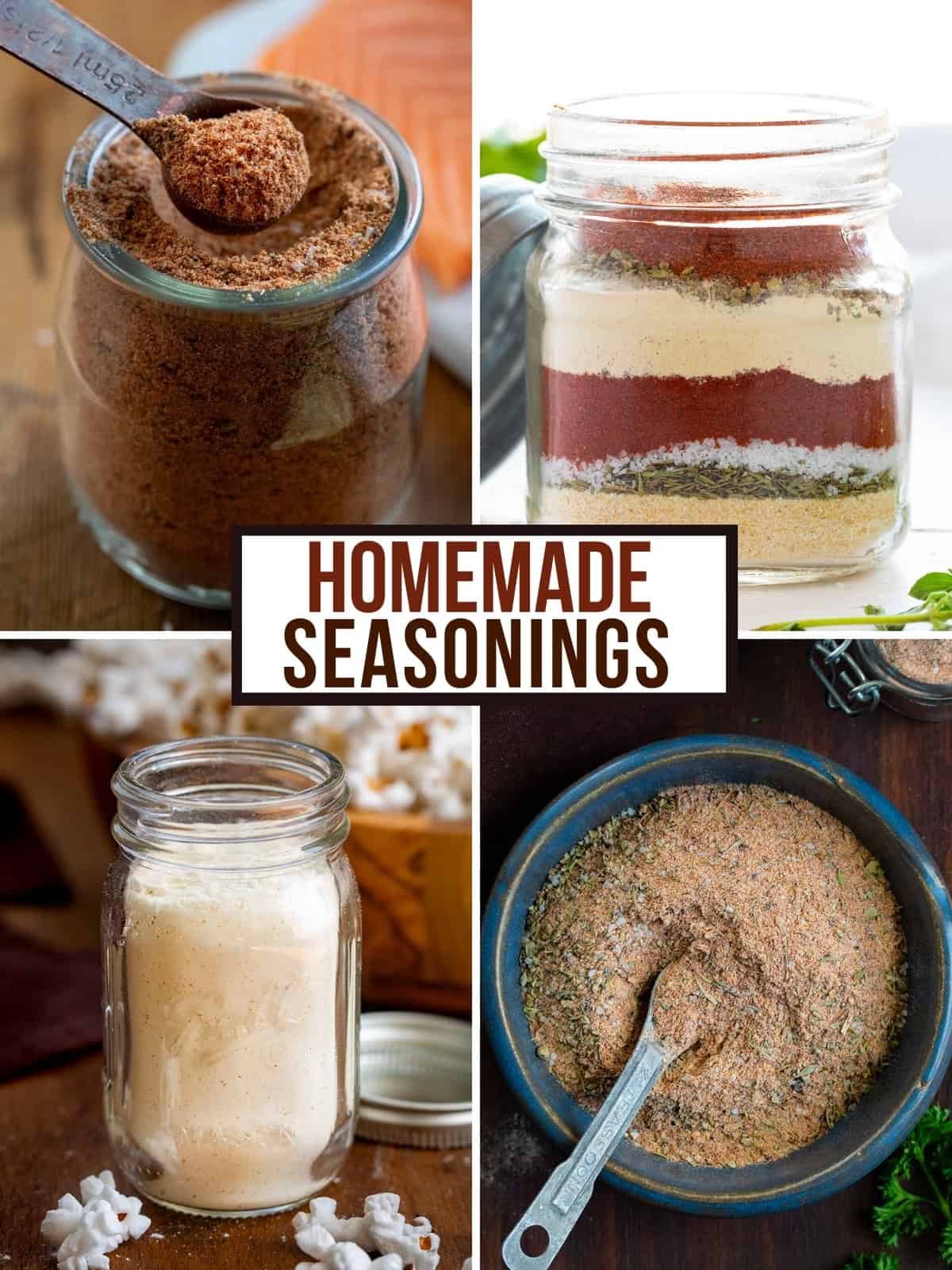 Collage of homemade seasoning blends with ranch, salmon seasoning, white cheddar popcorn seasoning, and cajun seasoning.
