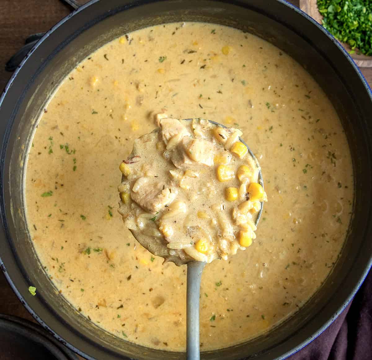 Pot of Creamy Chicken Corn Orzo Soup with a ladle full of the soup being held over the pot Pot of Creamy Chicken Corn Orzo Soup with a ladle full of the soup being held over the pot.