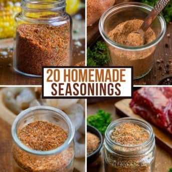 Four different seaonings in a collage with Elote, Chicken, Shrimp, and Steak seasoning featured.