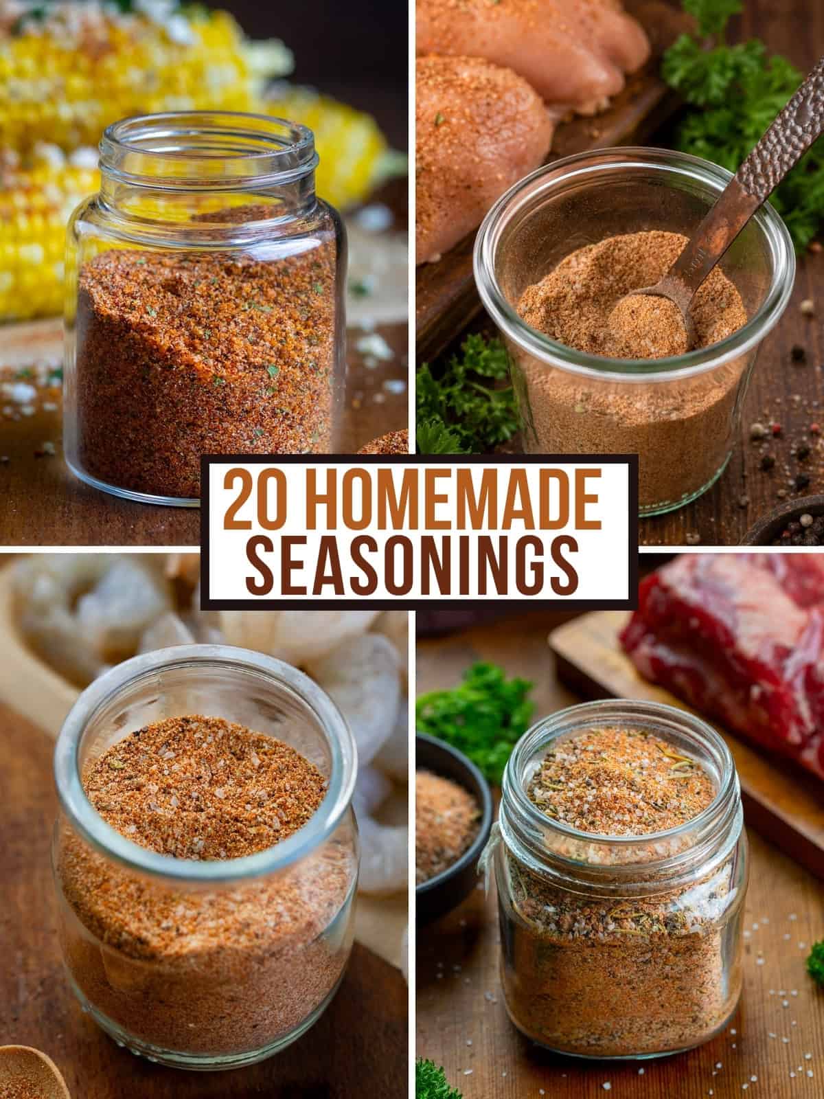 Four different seaonings in a collage with Elote, Chicken, Shrimp, and Steak seasoning featured Four different seaonings in a collage with Elote, Chicken, Shrimp, and Steak seasoning featured.
