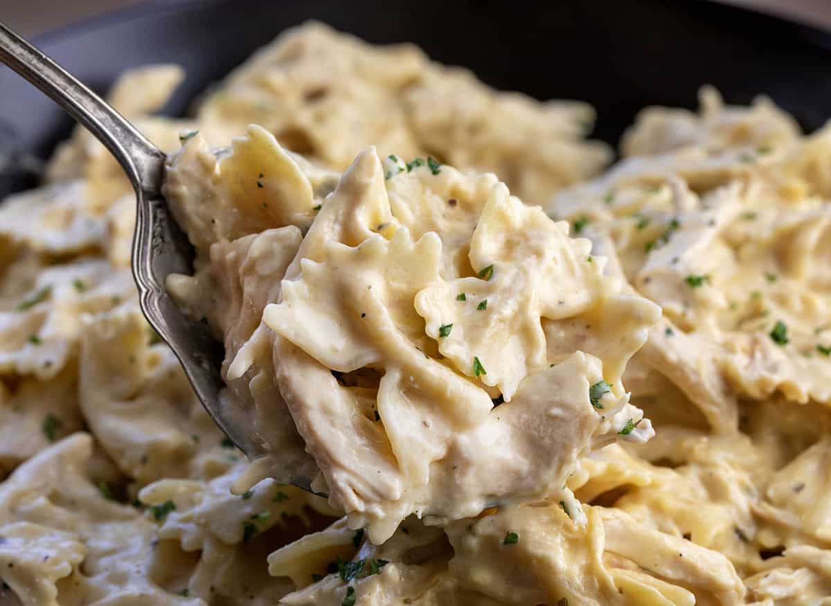 Spoonful of Slow Cooker Chicken Alfredo Pasta being held above the crockpot Spoonful of Slow Cooker Chicken Alfredo Pasta being held above the crockpot.