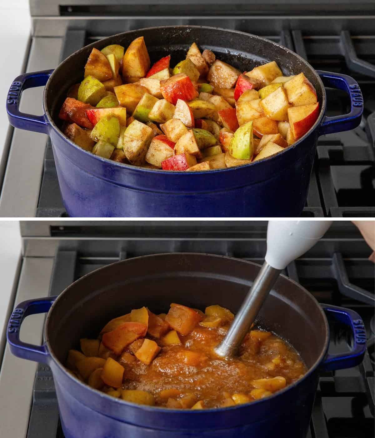 Process of making Stovetop Apple Butter with the cut up apples and then using an immersion blender Process of making Stovetop Apple Butter with the cut up apples and then using an immersion blender.