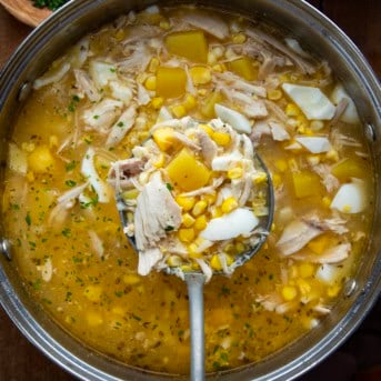 Pot of Pennsylvania Dutch Chicken Corn Soup with a ladle of the soup being help above the pot.