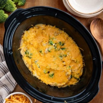 Slow Cooker Chicken Broccoli and Rice on a wooden table from overhead.