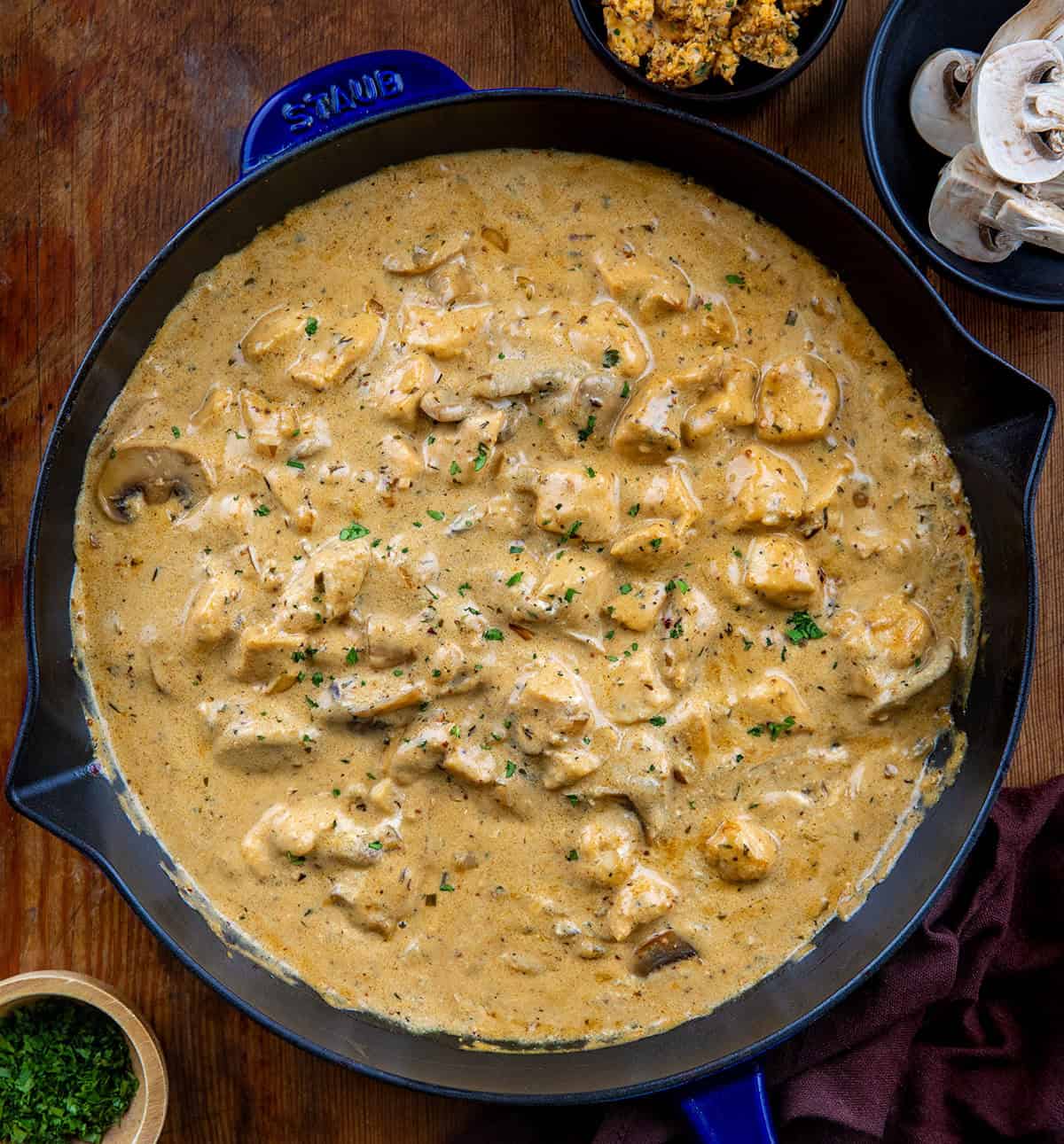 Skillet of Cowboy Chicken Stroganoff before scooping over noodles Skillet of Cowboy Chicken Stroganoff before scooping over noodles.