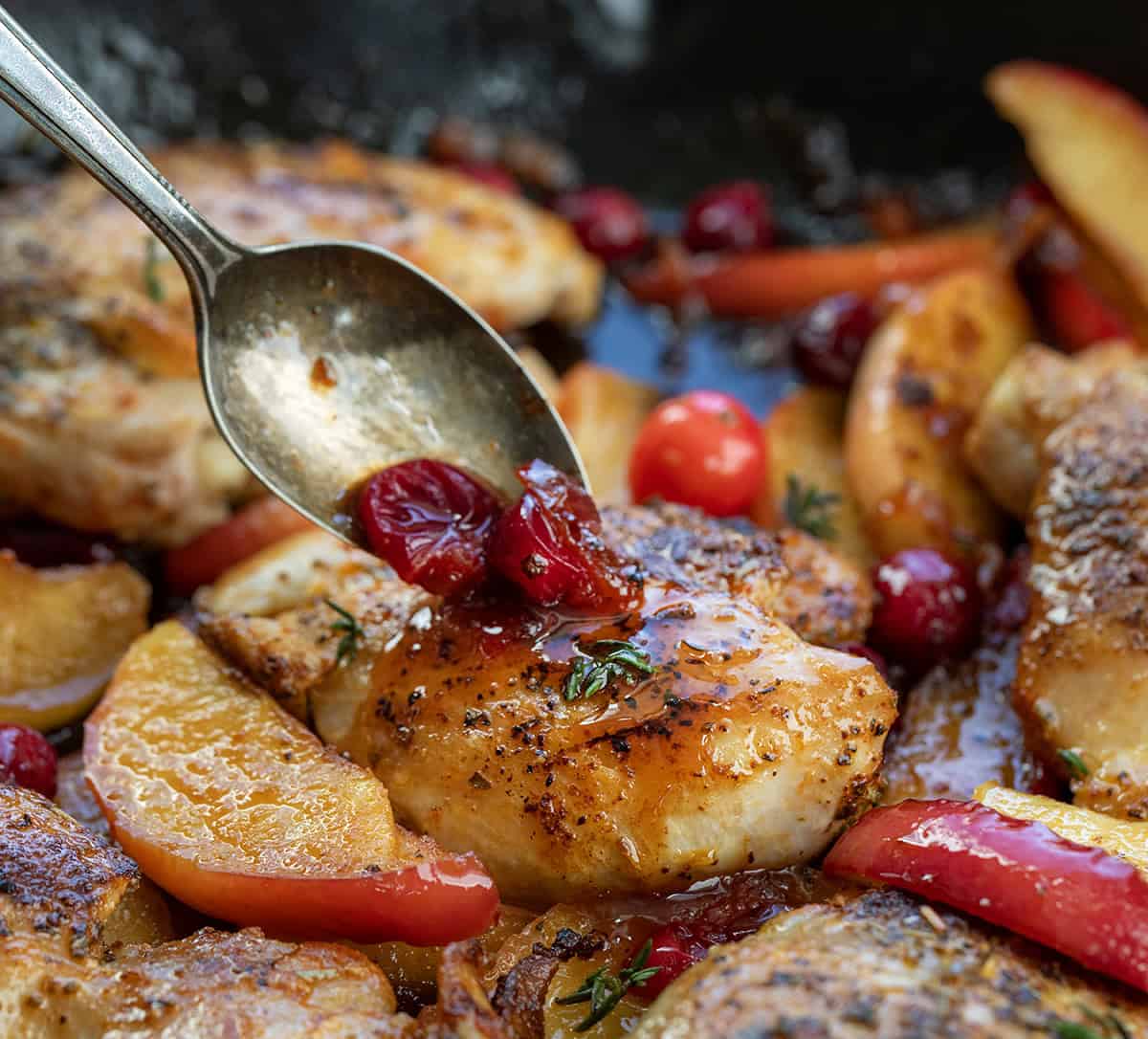 Spooning sauce over Cranberry Apple Orchard Chicken Spooning sauce over Cranberry Apple Orchard Chicken.